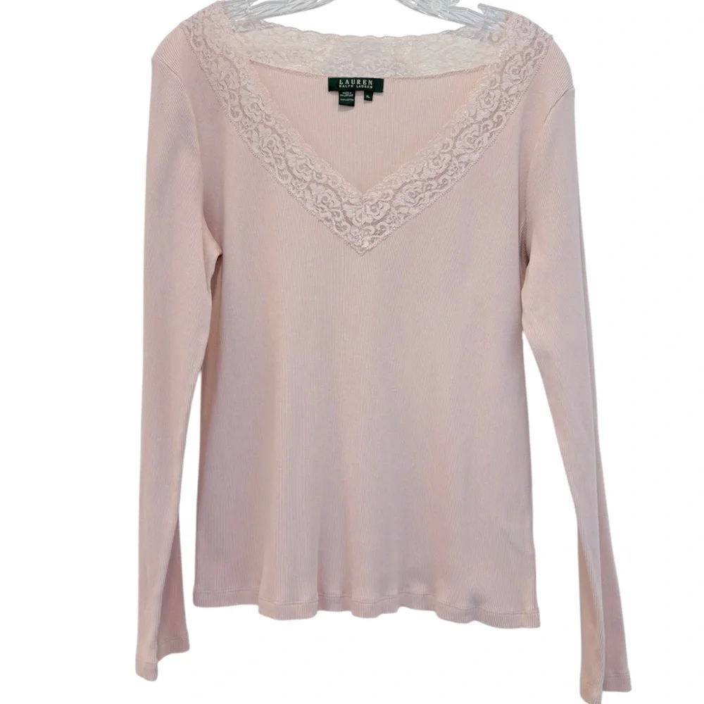 Lauren Ralph Lauren Lace Top Long Sleeve VNeck Ribbed Cottage Rose Pink Women XL